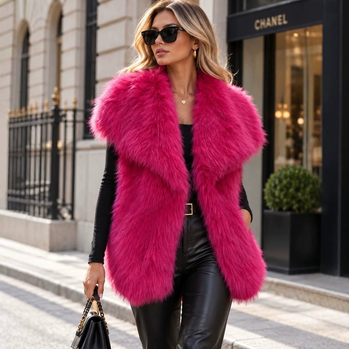 Women Sleeveless High-Pile Faux Fur Vest with Voluminous Shawl Collar and Slip Pockets Chichicherry