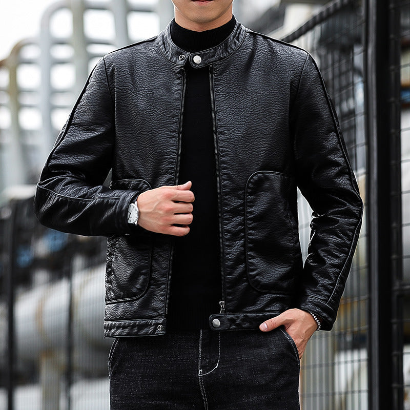 Men's Faux Leather Blouson with Stand Collar, Zipper and Patch Pockets Chichicherry