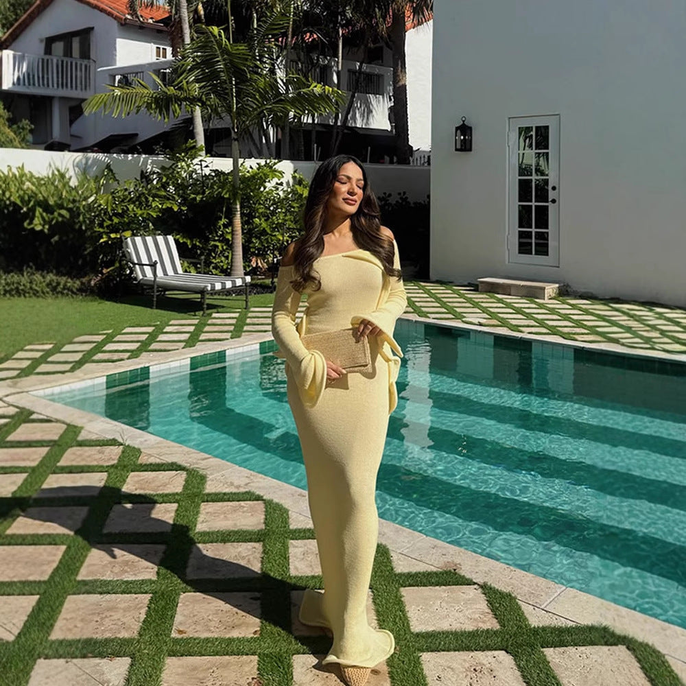 Women's Figure-Hugging Knit Maxi Dress with Off-the-Shoulder Neckline and Flared Sleeves Chichicherry