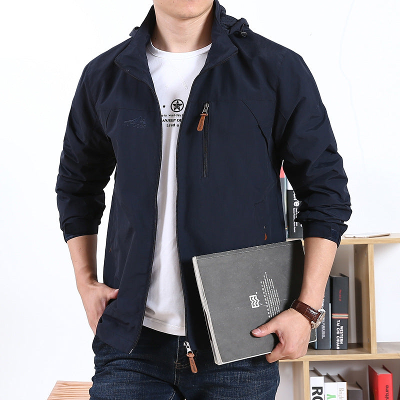 Men's Lightweight Hooded Windbreaker with Chest Zipper and Elastic Cuffs