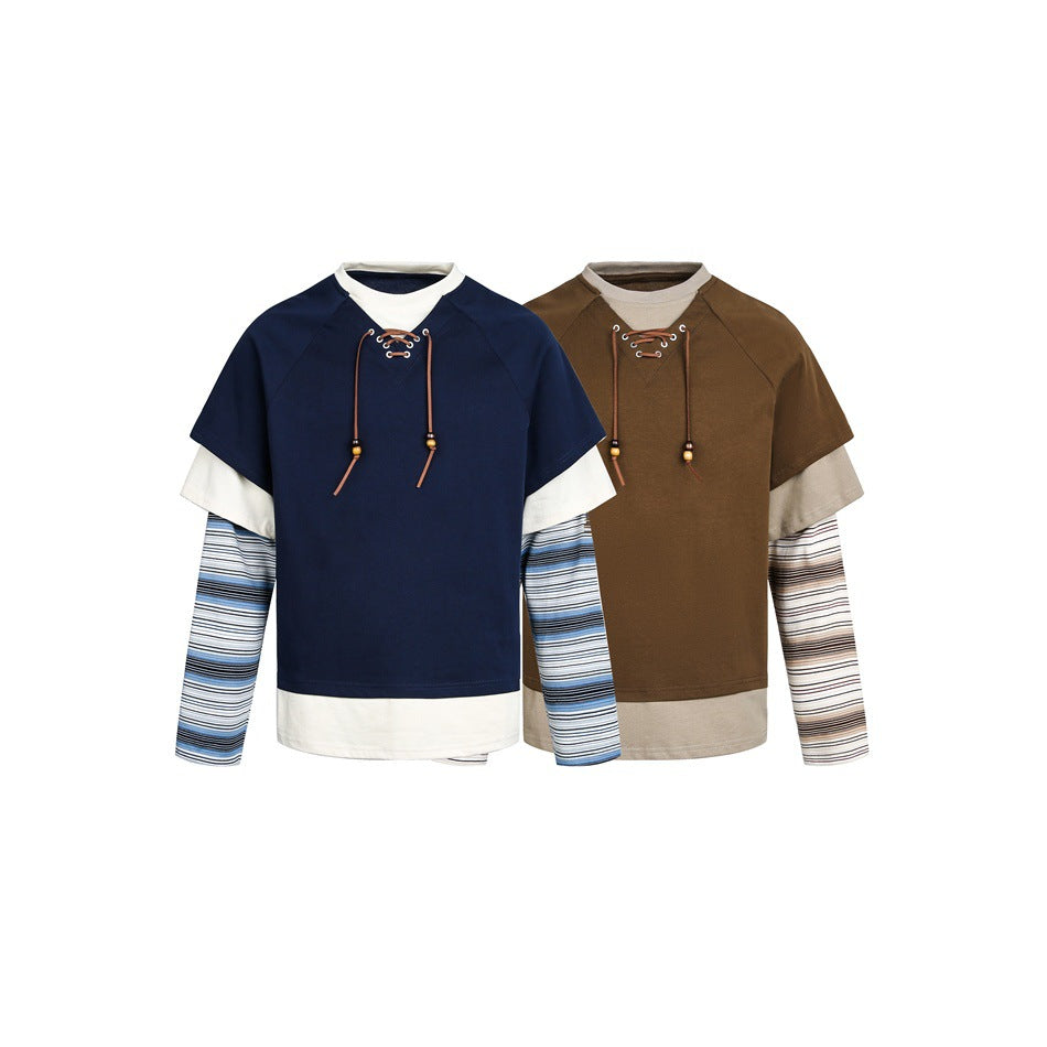 Women's Layered Look Sweatshirt with Lacing, Striped Sleeve Inserts and Asymmetrical Hem Chichicherry