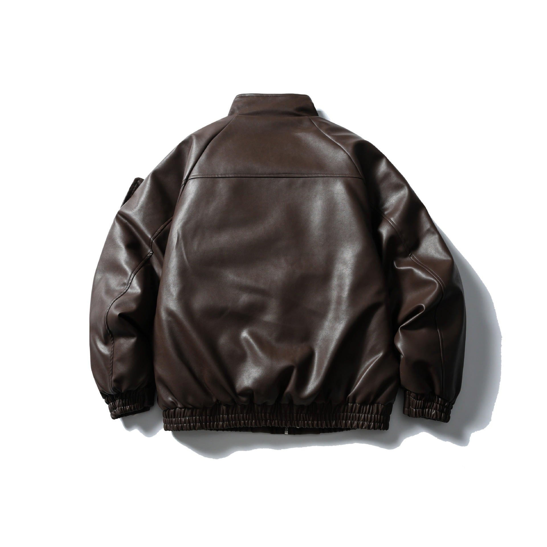 Men's Padded Faux Leather Bomber Jacket with High Stand-up Collar and Flap Pockets Chichicherry