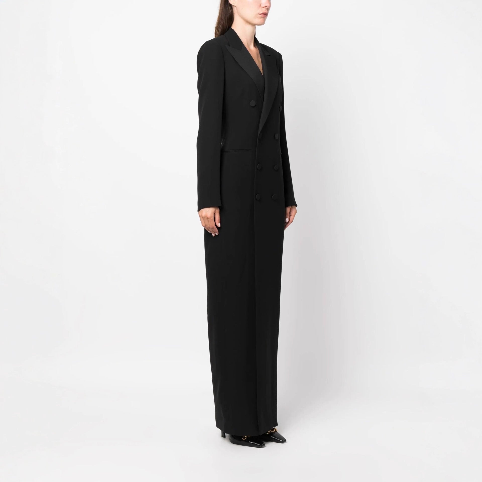 Women's Double-Breasted Blazer Dress with Satin Lapels Chichicherry
