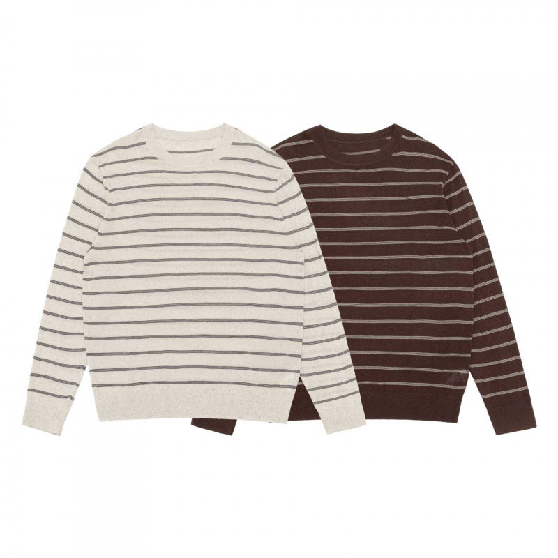 Unisex Light Fine Knit Sweater with Round Neck, Fine Stripes and Ribbed Hem Chichicherry