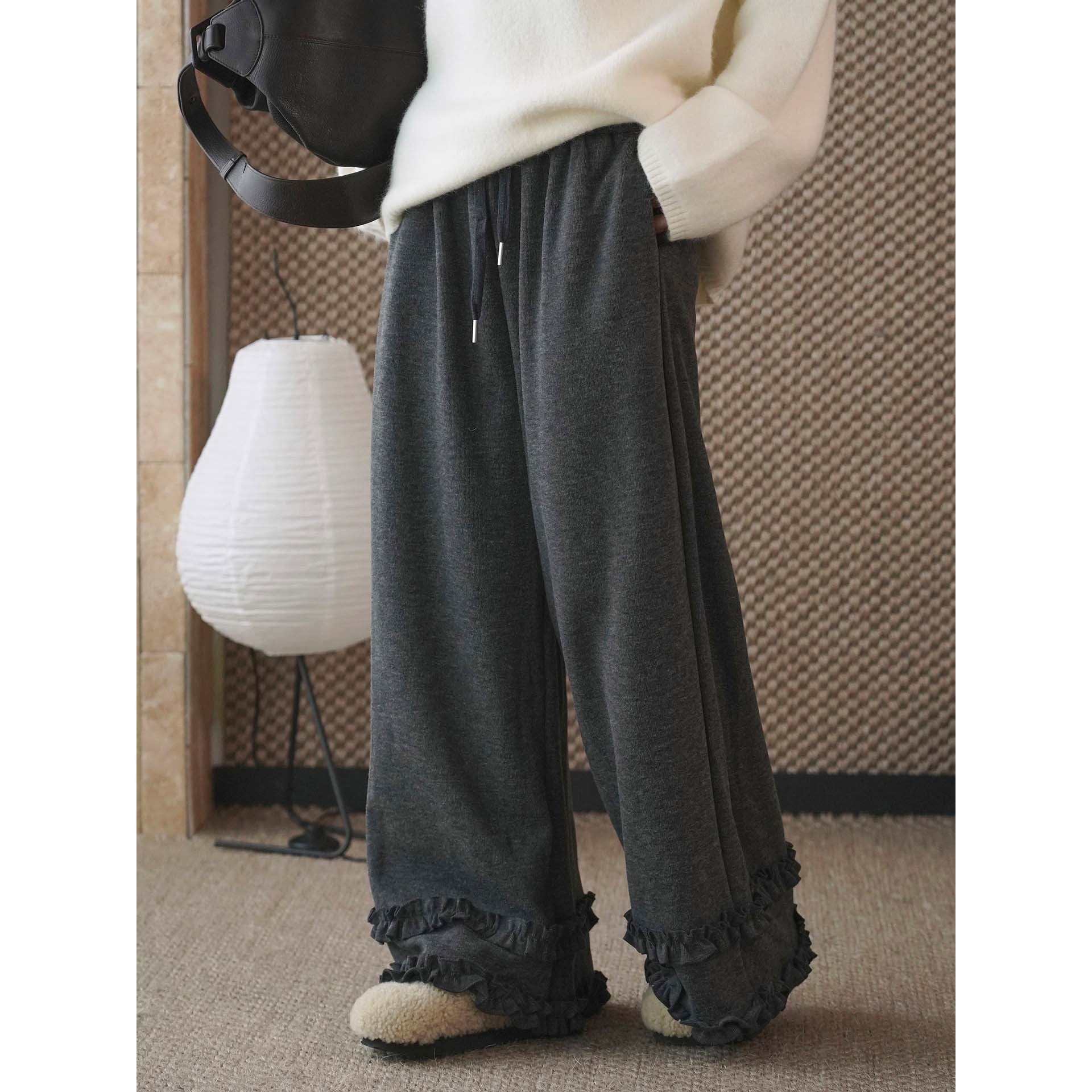 Women Wide Loungewear Pants with Elastic Waistband, Drawstring and Ruffle Detail Chichicherry