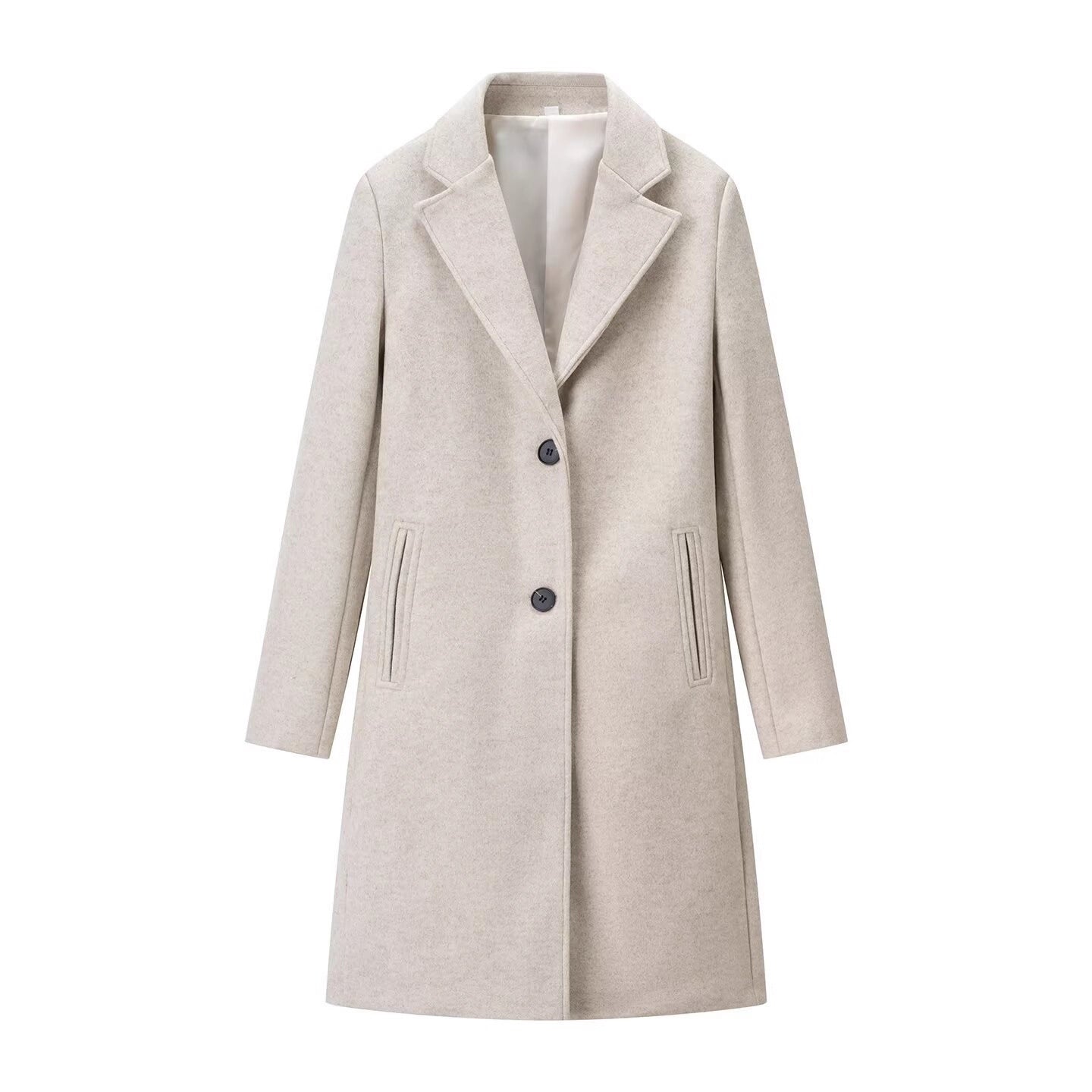 Women's Longline Single-Breasted Wool Blend Coat with Notched Collar and Welt Pockets Chichicherry