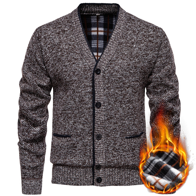 Men's Structured V-Neck Knit Cardigan with Contrasting Edge and Checked Lining Chichicherry