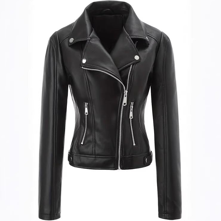 Women short fitted biker jacket made of Nappa leather with asymmetrical zipper Chichicherry
