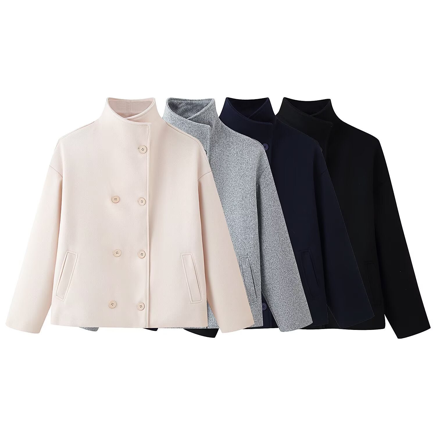 Women's Boxy Wool Jacket in Cocoon Cut with Stand-up Collar and Double-breasted Button Placket Chichicherry