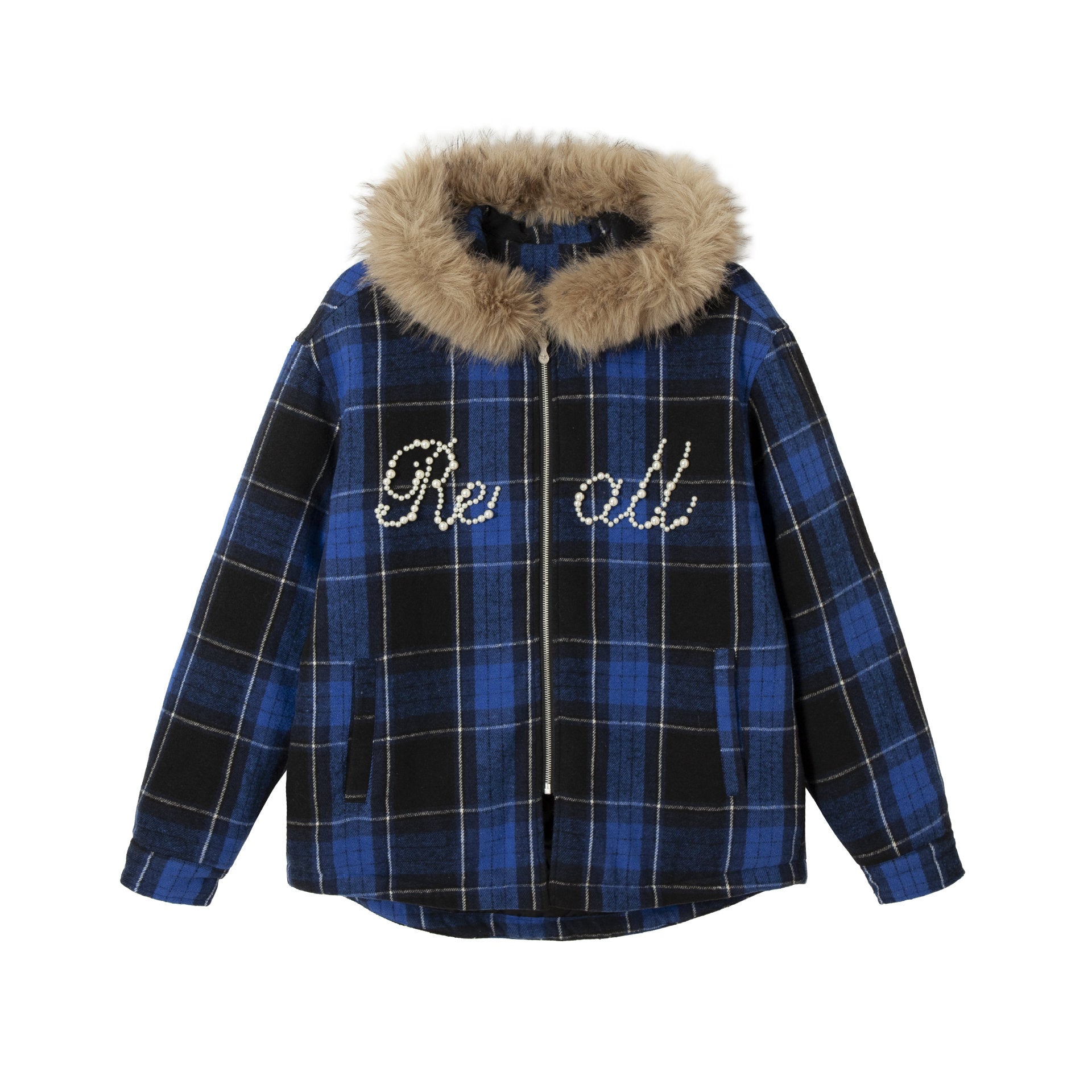 Women's checked wool blend blouson with detachable faux fur collar and pearl appliqué Chichicherry