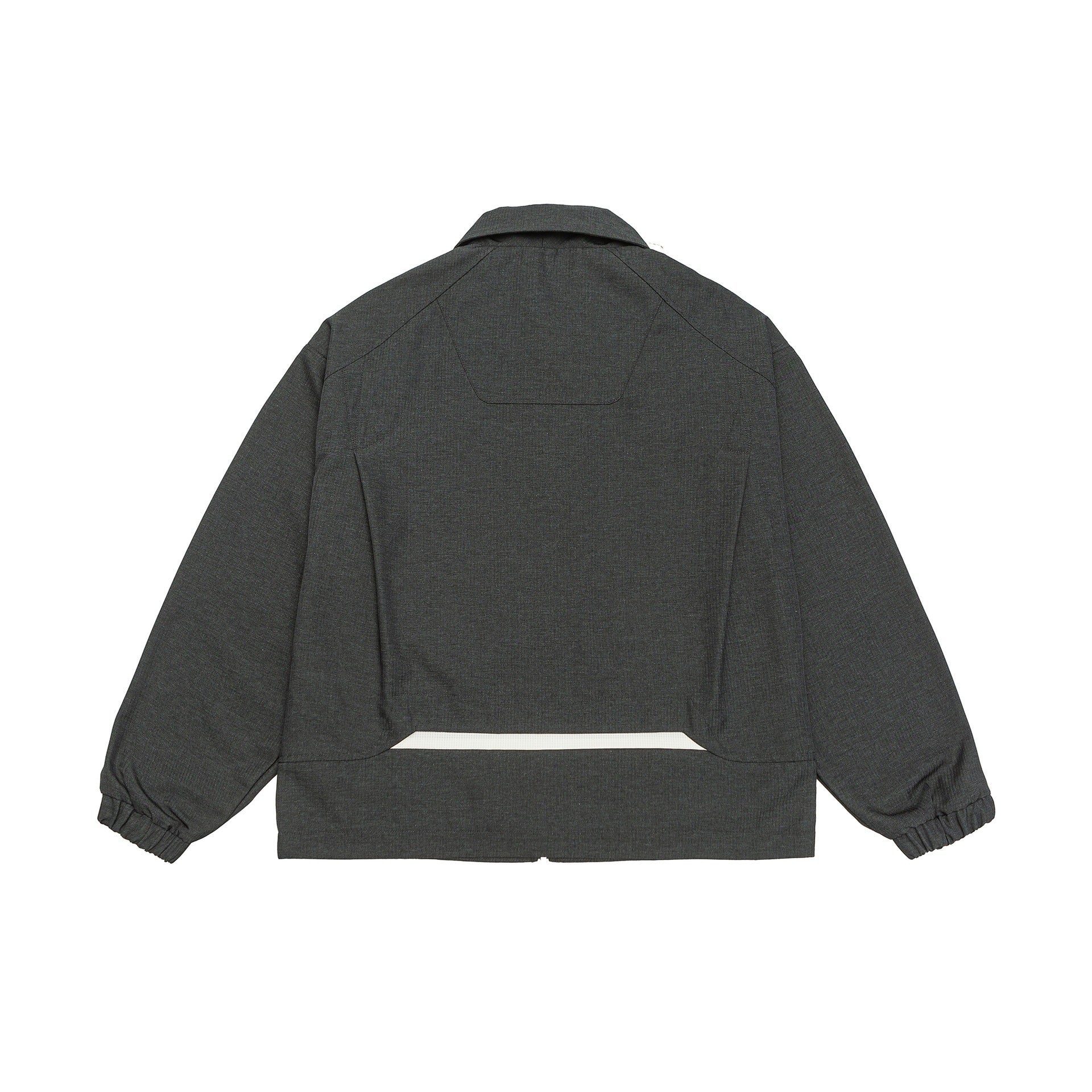 Unisex short jacket in boxy cut with shirt collar, visible metal zipper and utility patch pockets Chichicherry