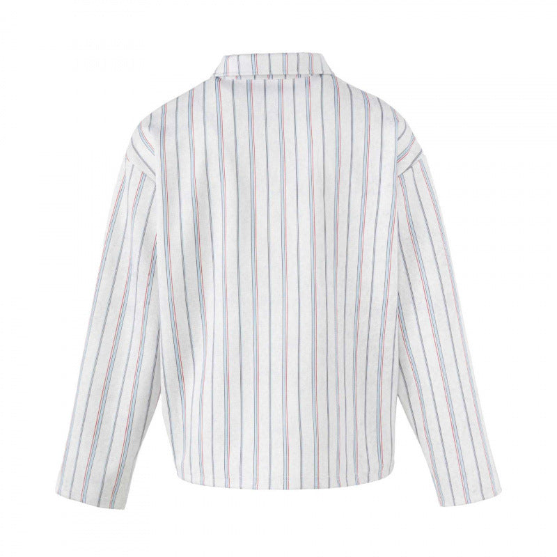 Unisex Striped Overshirt with Henley Button Placket and Decorative Pin Details Chichicherry