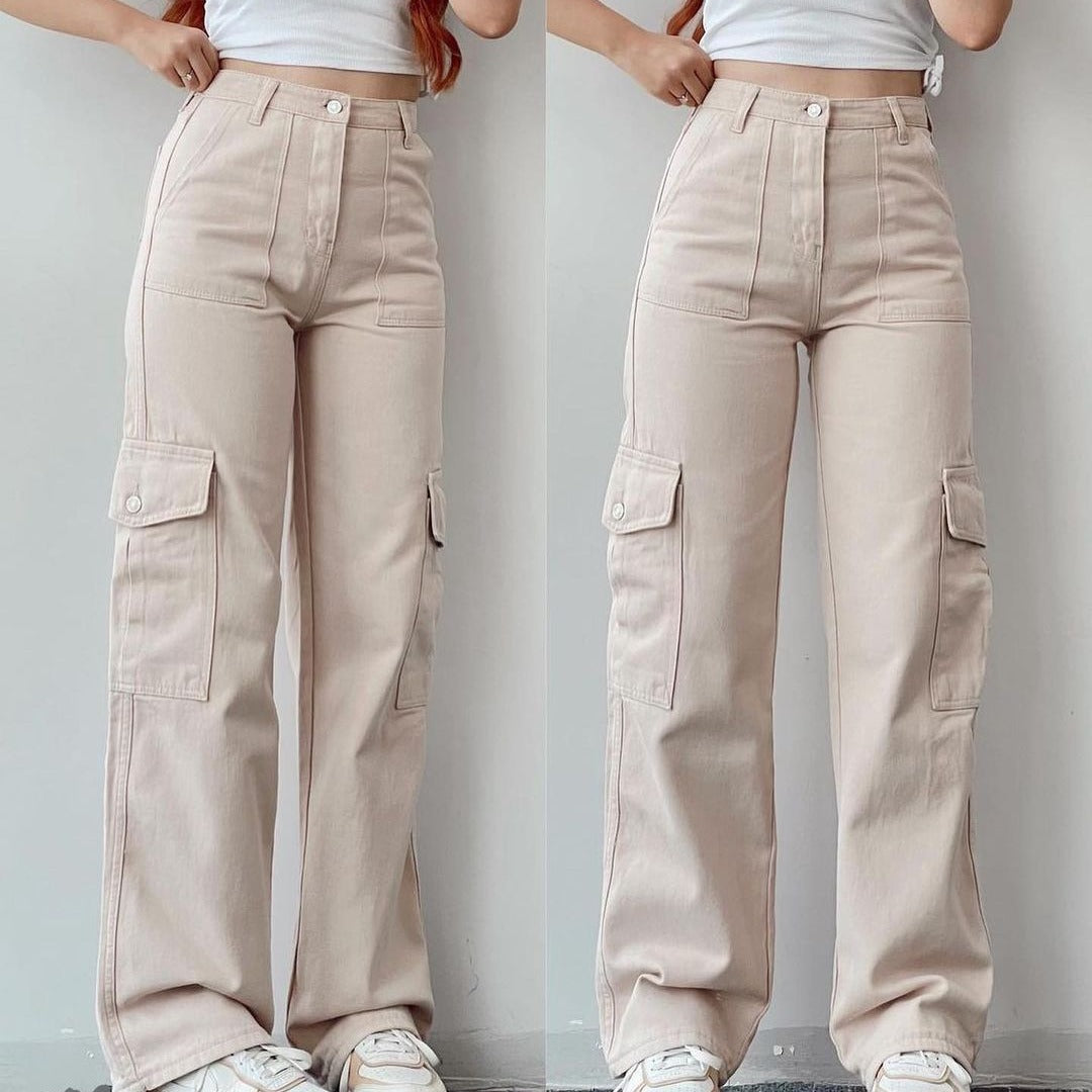 Damen Cargohose mit hoher Taille, geradem Bein und aufgesetzten Pattentaschen Chichicherry