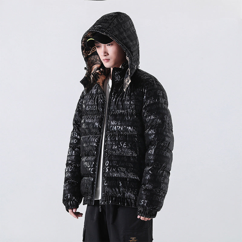 Men's Reflective Quilted Down-Look Jacket with Hood and Allover Print Chichicherry