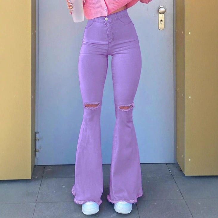 Women High-Rise Stretch Flared Jeans with Knee Rips, Flared Leg and Raw Hem Chichicherry