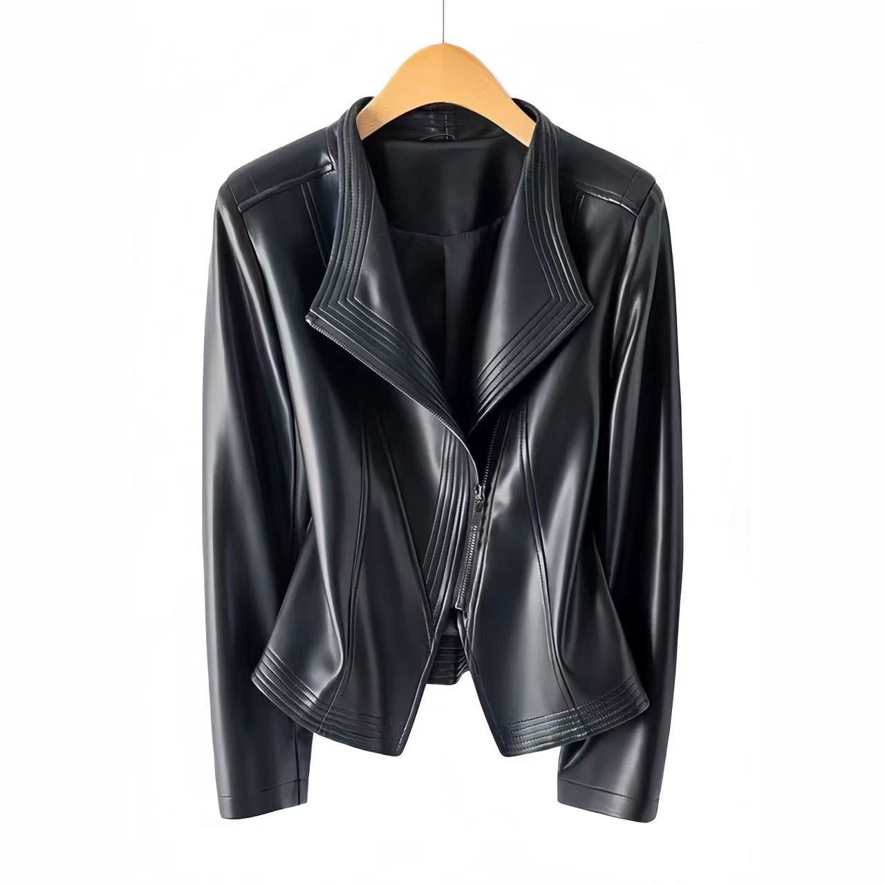 Women's Tailored Faux Leather Jacket with Asymmetrical Zipper and Decorative Stitching Chichicherry