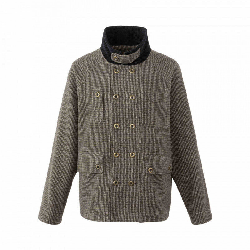 Men's Double-Breasted Wool Mix Field Jacket in Houndstooth with Corduroy Collar and Flap Pockets Chichicherry