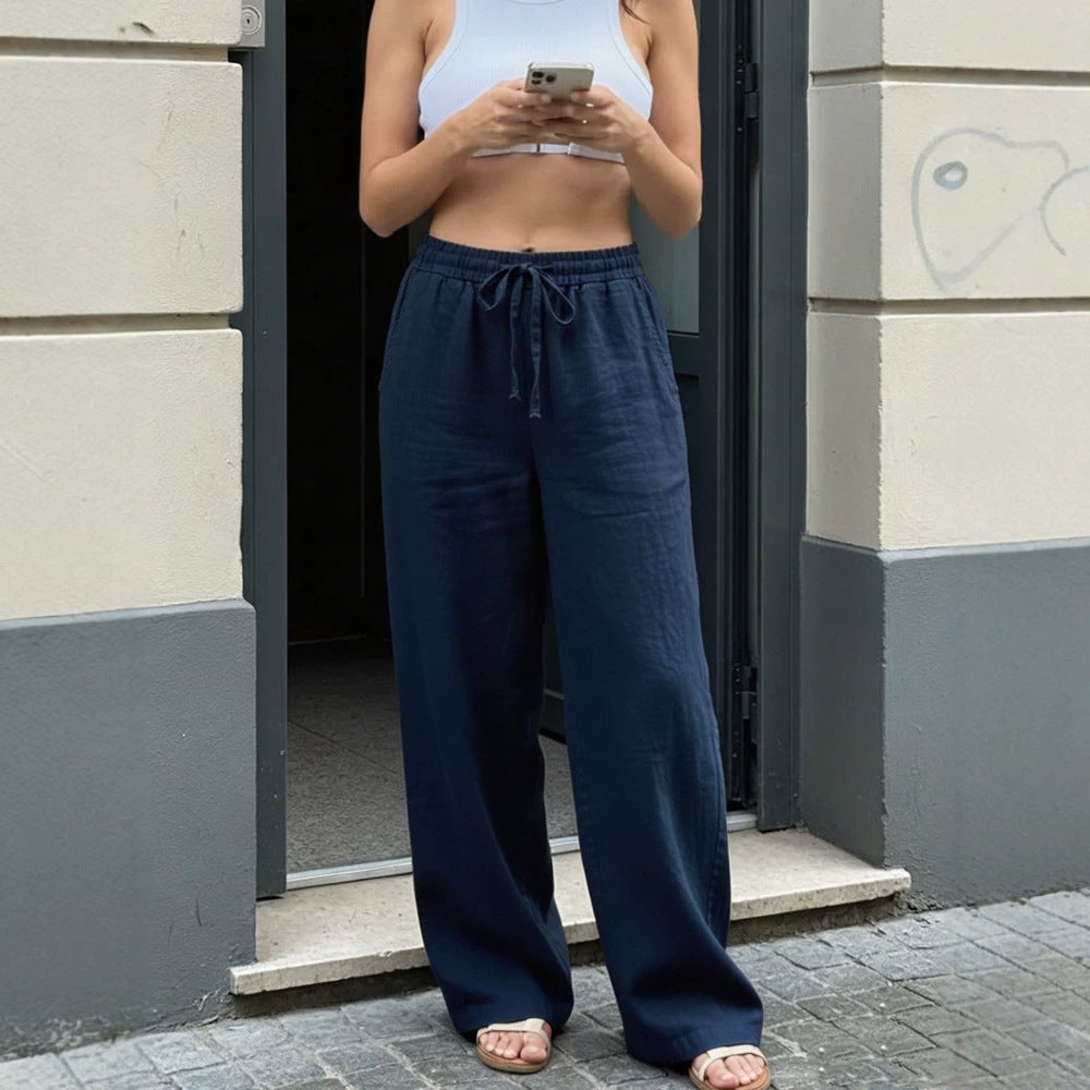 Women Wide Linen Look Pants with Elastic Waistband, Drawstring and Side Pockets Chichicherry