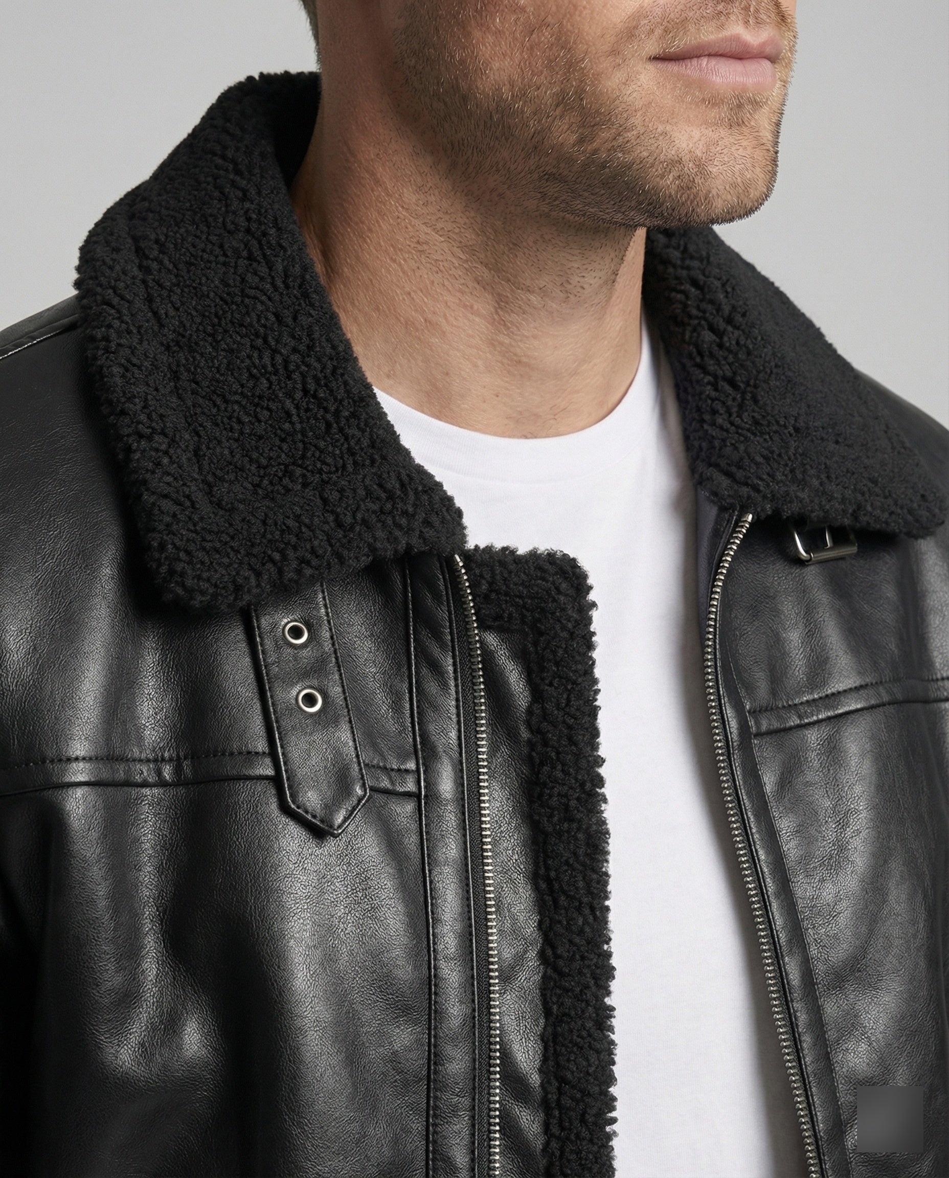 Men's Faux Leather Jacket with Collar