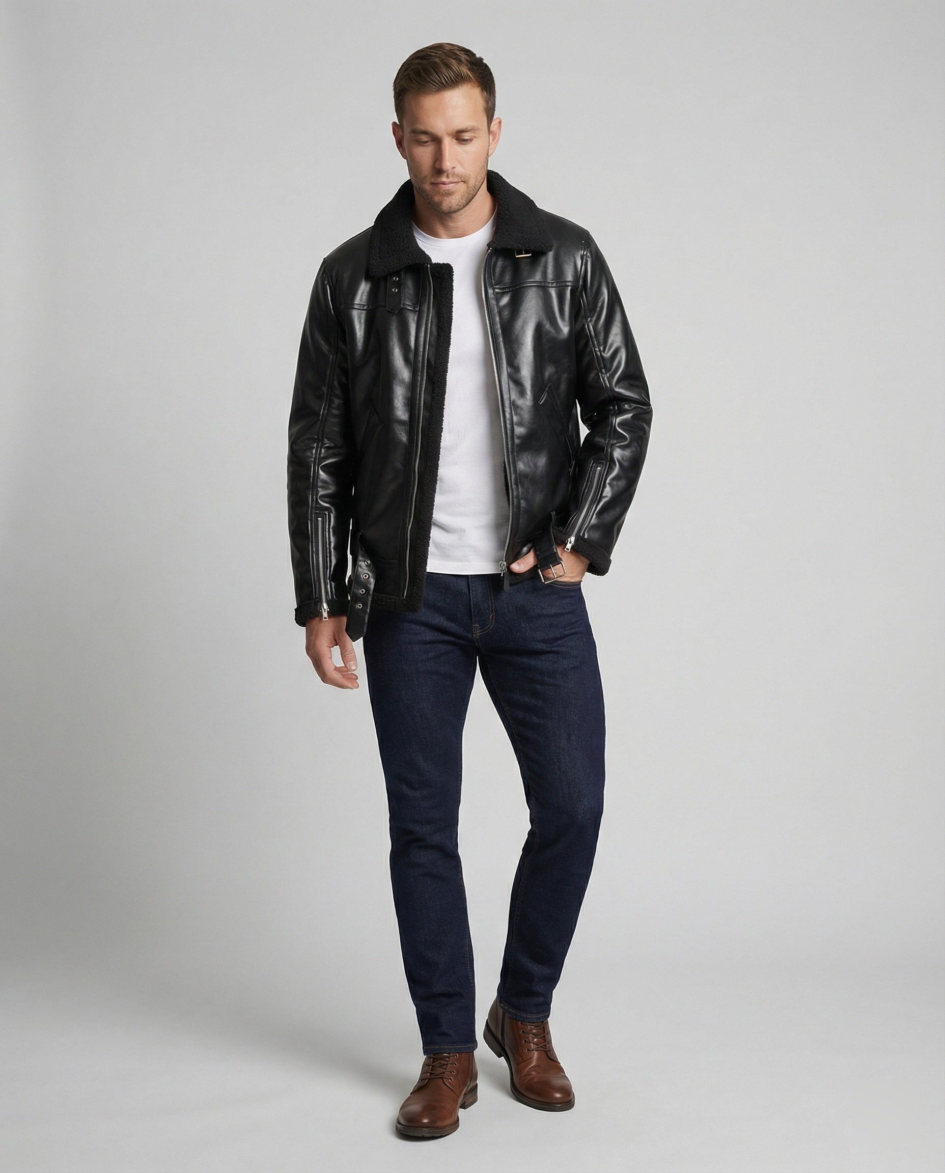 Men's Faux Leather Jacket with Collar