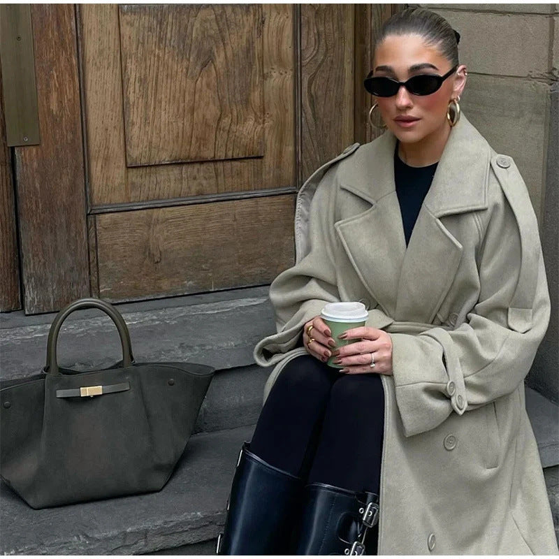 Women's extravagant oversized coat in maxi length made of wool blend with accentuated shoulder yoke and wide lapels Chichicherry