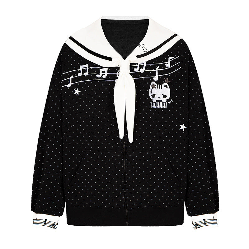 Women's zip-up sweat jacket in sailor style with bow collar, polka dot and music motif Chichicherry