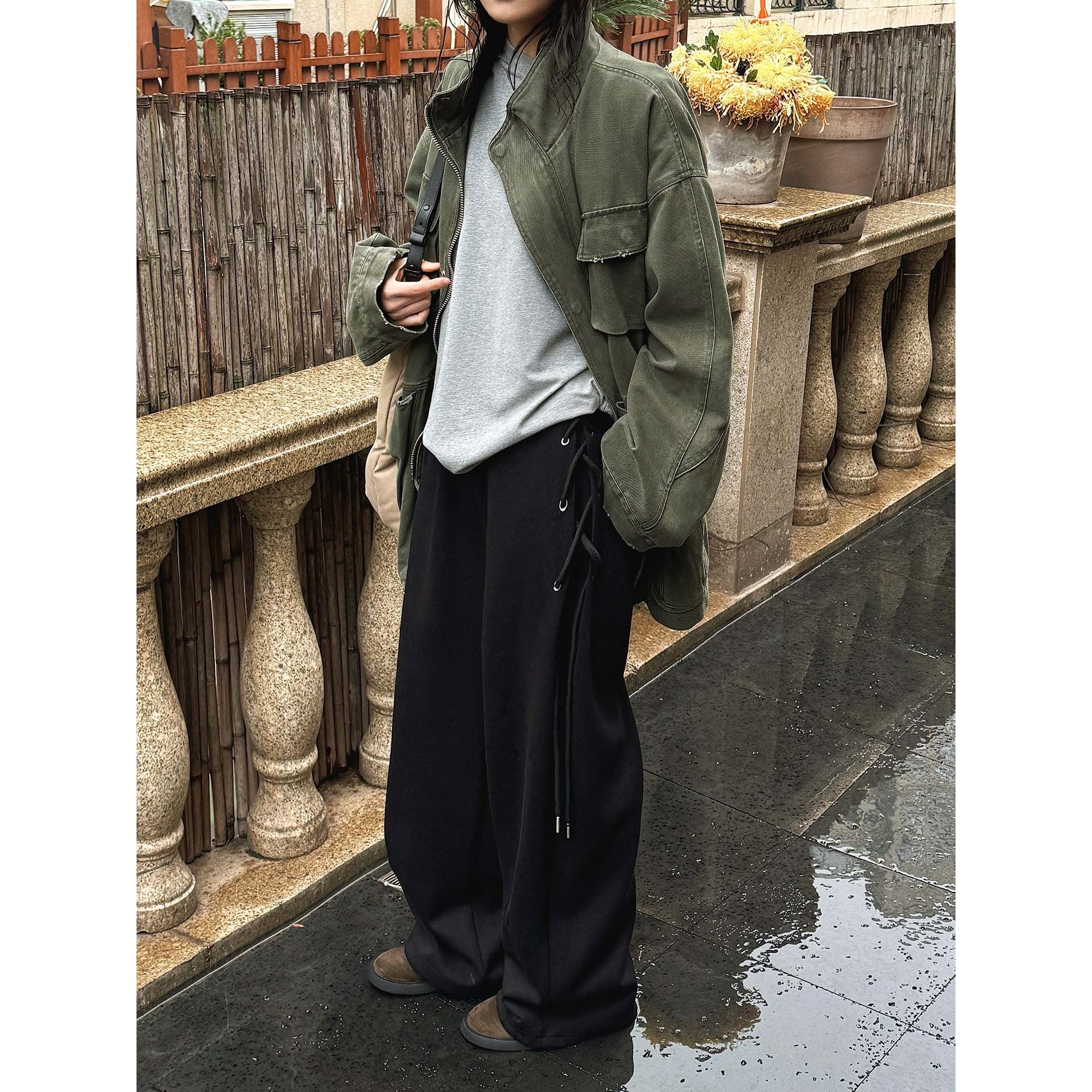 Women wide high-waisted palazzo pants with side lacing Chichicherry