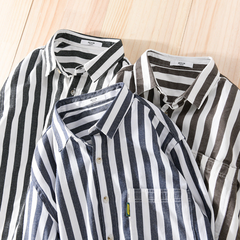 Men's maritime-inspired striped relaxed overshirt made of soft cotton twill with a patch chest pocket Chichicherry