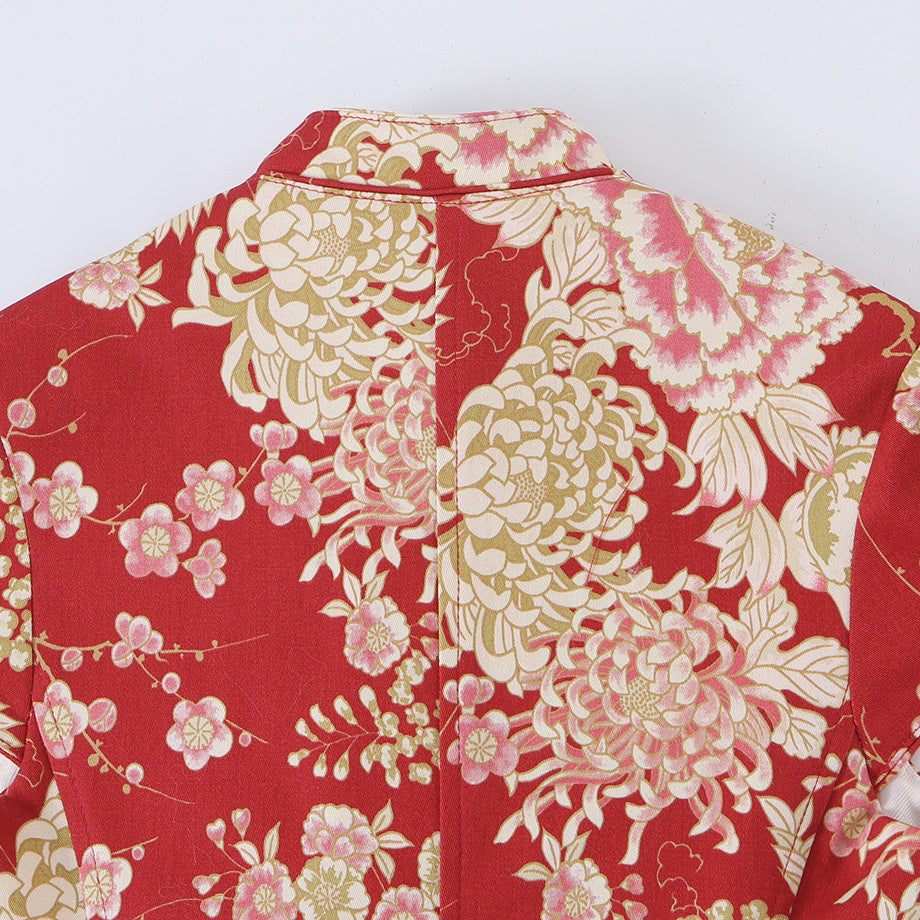 Women's fitted blouse jacket with stand-up collar and floral jacquard look Chichicherry