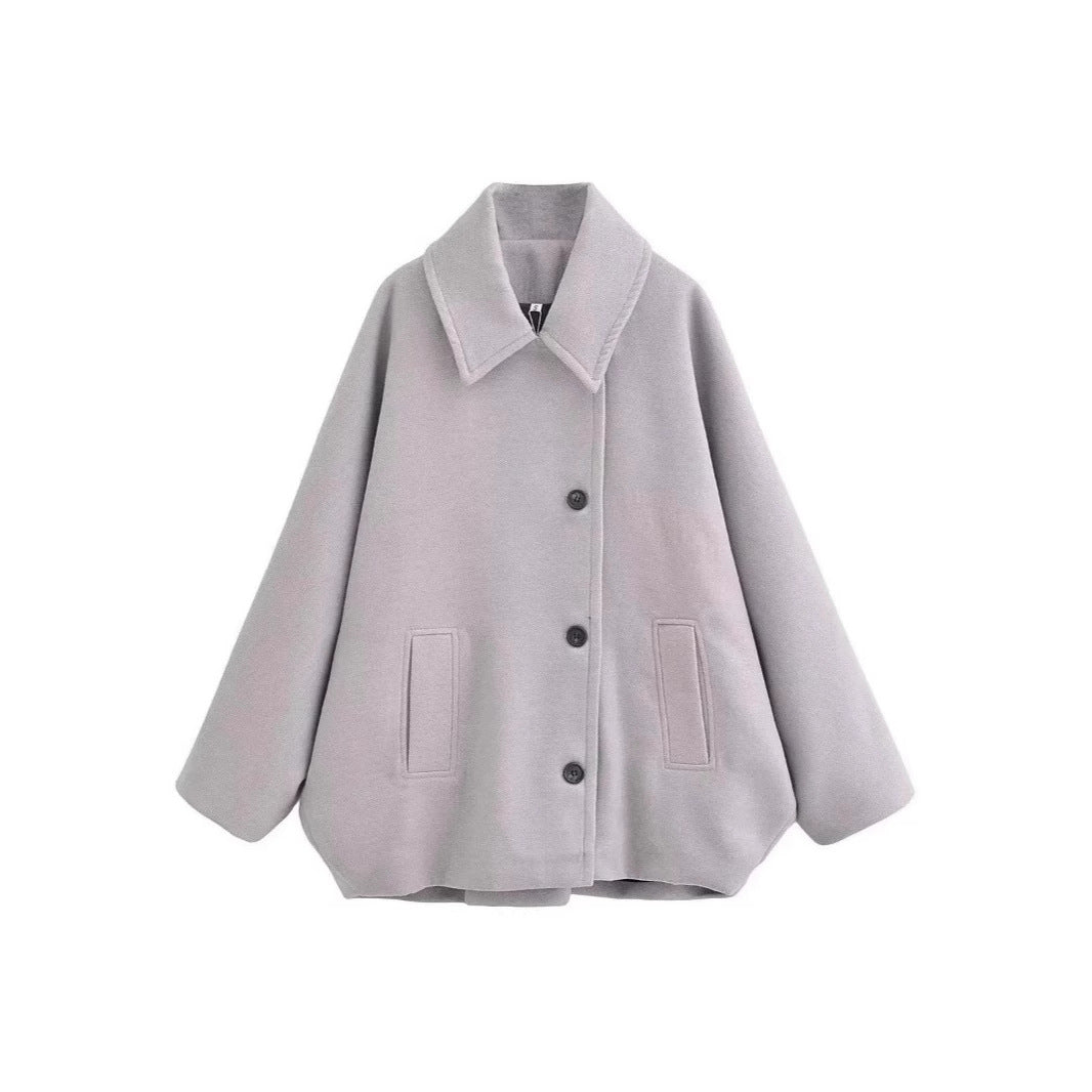 Women Oversized Wool Blend Boxy Short Coat with Lapel Collar and Insert Pockets Chichicherry