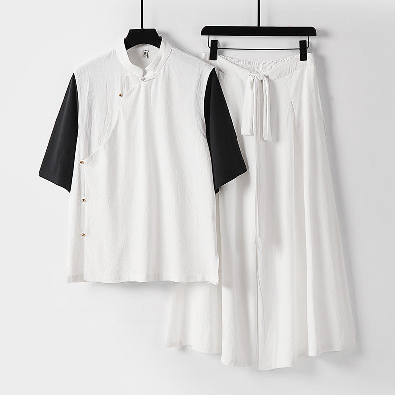 Women's Two-Piece Kimono Loungewear Set made of Linen Blend with Stand Collar Asymmetrical Button Placket and Wide Palazzo Skirt Chichicherry