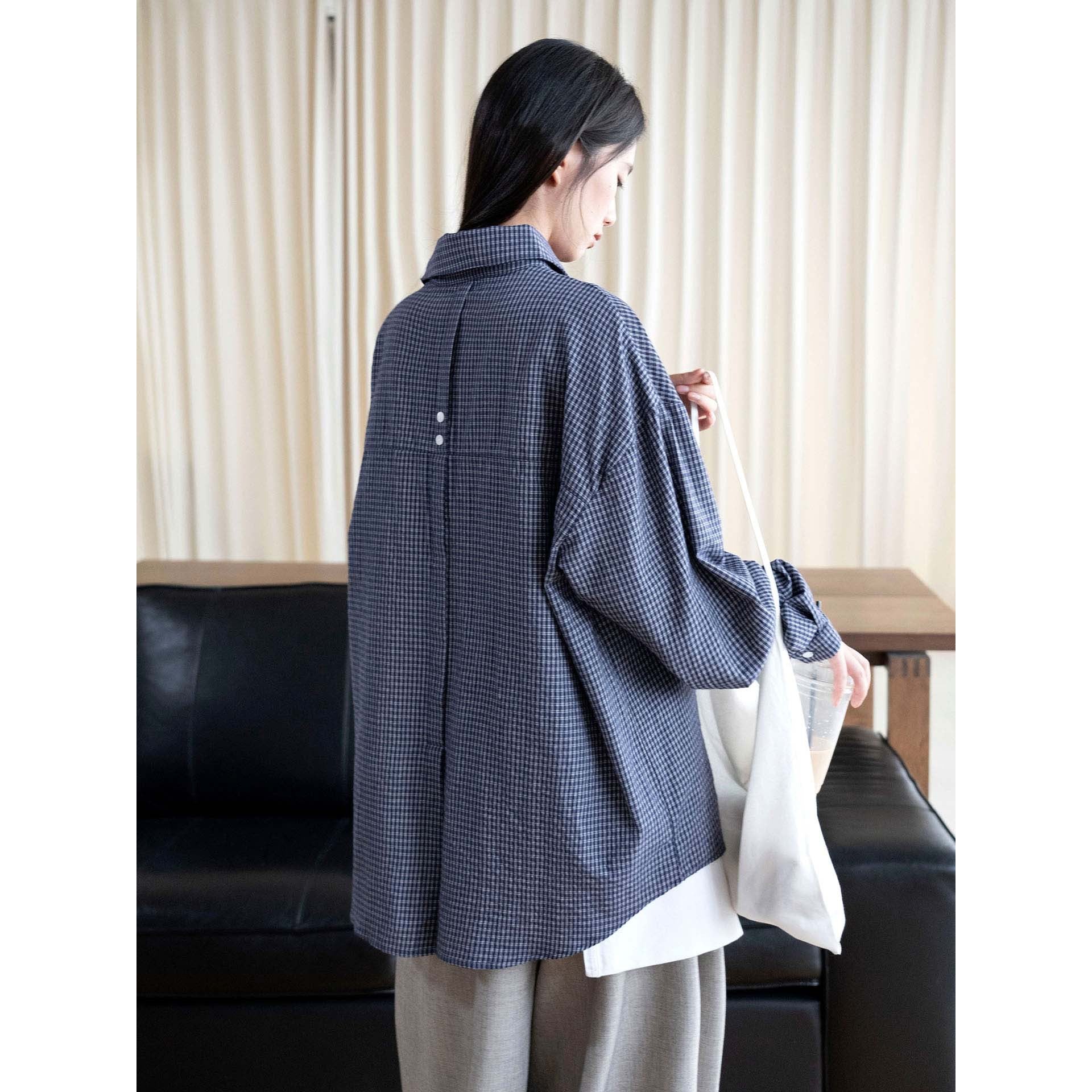 Women's Oversized Checked Shirt Blouse with Relaxed Fit Chichicherry
