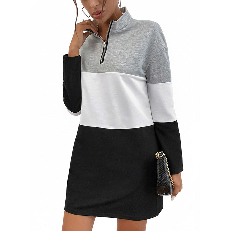 Women's Colorblock Short Sweat Dress with Stand Collar, Seams and Half Zipper Chichicherry