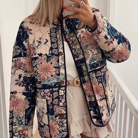 Women's Padded Quilted Jacket in Floral Patchwork Look Chichicherry