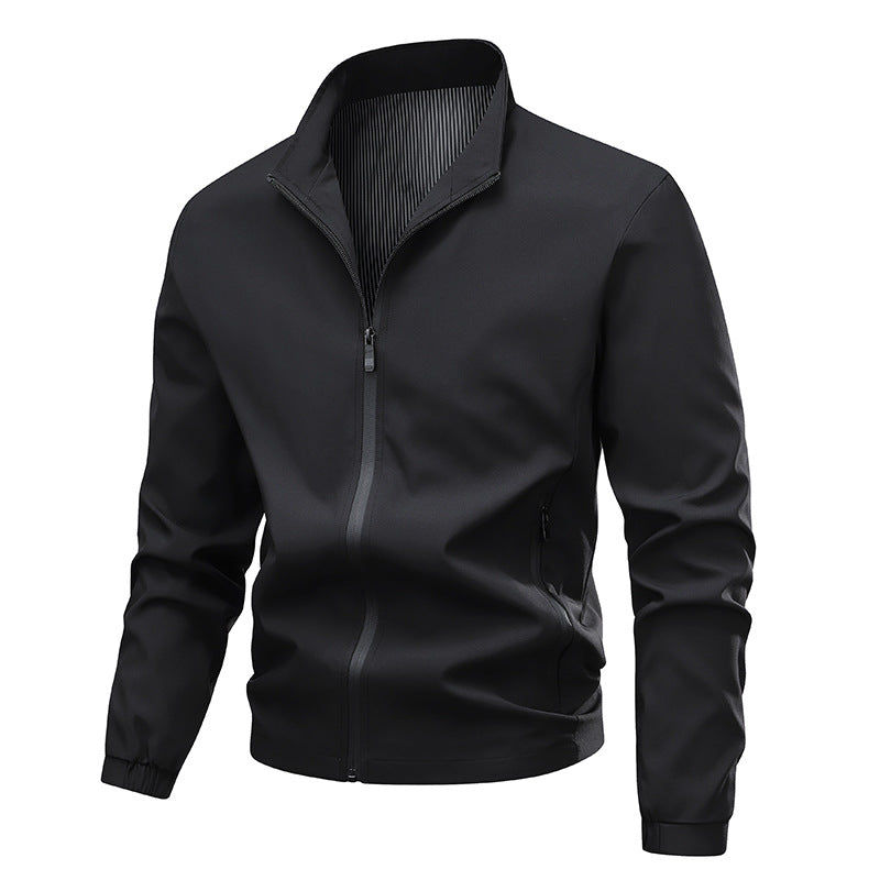 Men's Water-Repellent Softshell Blouson Jacket with Stand-Up Collar, Two-Way Zipper & Striped Lining Chichicherry