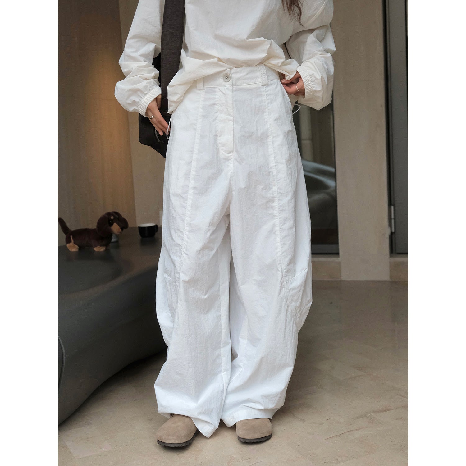 Women's Loose Cotton Sweatshirt with Balloon Sleeves and Ribbed Round Neck Chichicherry