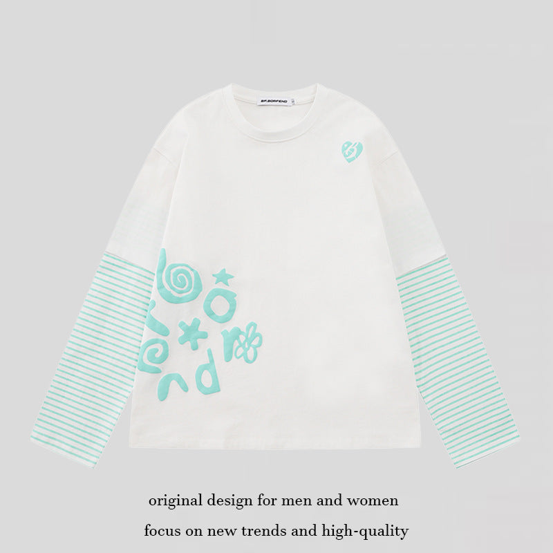 Women's Layered Long Sleeve Shirt in Layer Look with Striped Insert Sleeves and Playful Graphic Doodle Print Chichicherry