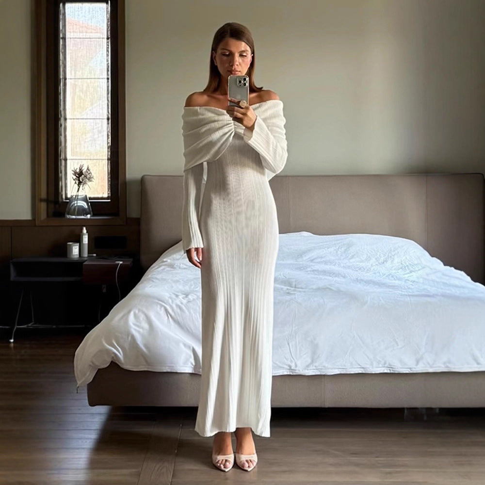 Women's Off-Shoulder Maxi Dress made of ribbed fine knit with draped sweetheart neckline and figure-hugging silhouette Chichicherry