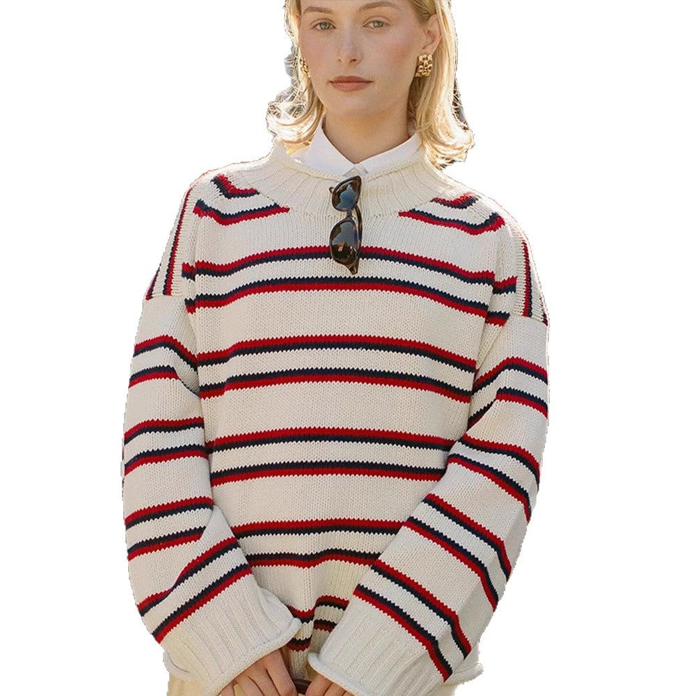 Women's oversized striped cotton blend sweater with wide cut and ribbed cuffs Chichicherry