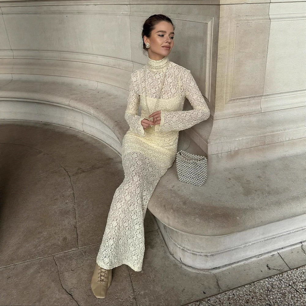 Women Elegant form-fitting Maxi dress made of lace with a stand-up collar and trumpet sleeves Chichicherry
