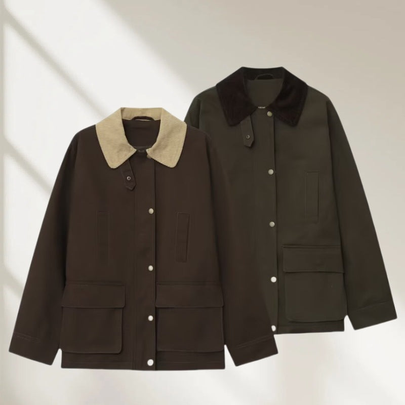 Women's field jacket in parka style with corduroy collar, snap button closure, and patch front pockets Chichicherry