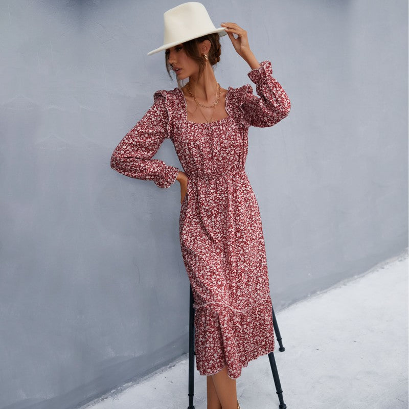 Women's midi dress in vintage style with square neckline, ruffles, and elastic waist Chichicherry