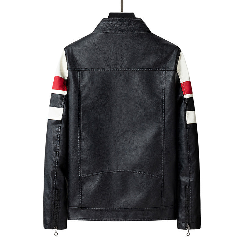 Men's Faux Leather Moto Jacket in Racing Style with Stand Collar and Decorative Stripes Chichicherry