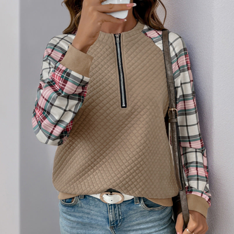 Women’s quilted pullover with half zip and checked raglan sleeves Chichicherry