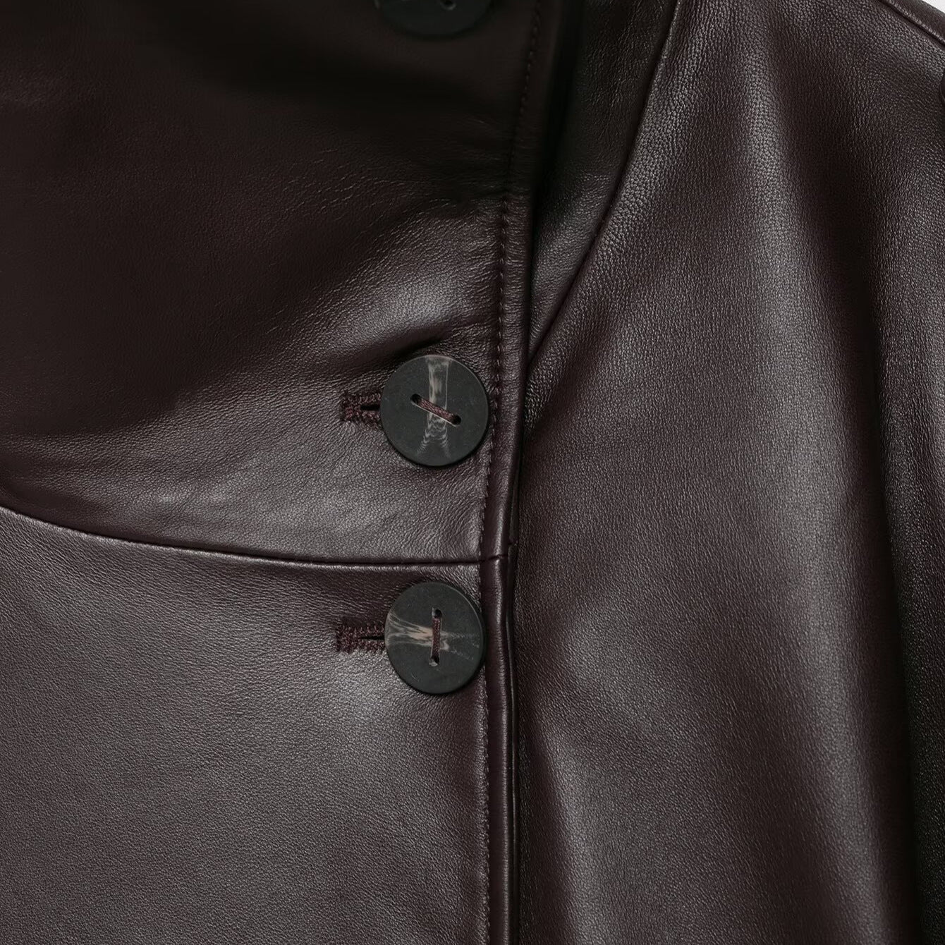 Women Short Leather Trench Coat Jacket with High Standing Collar, Double-Breasted Button Placket and Waist Belt Chichicherry