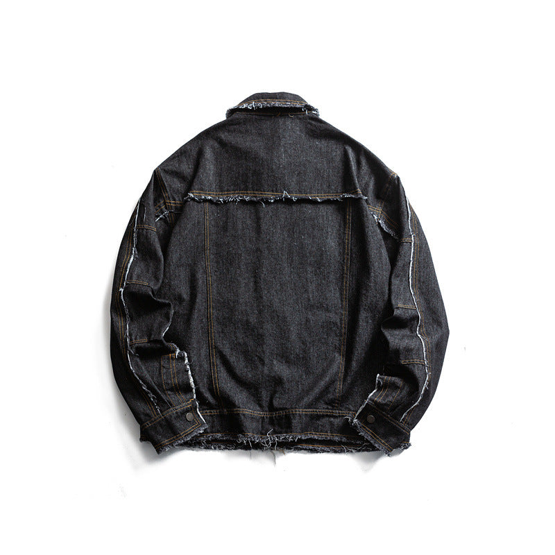 Men's Oversized Jeans Jacket with Frayed Edges and Large Flap Pockets Chichicherry