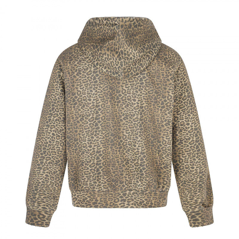 Unisex hooded jacket in all-over leopard with vintage effect, zipper and destroy embroidery Chichicherry