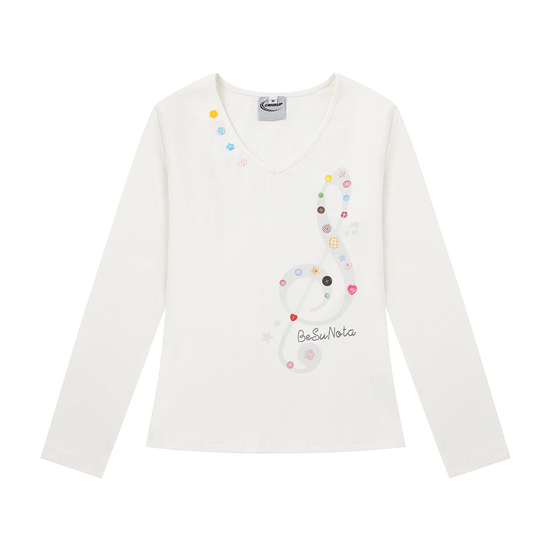 Women's Long Sleeve Shirt with V-Neck and Clef Applications Chichicherry