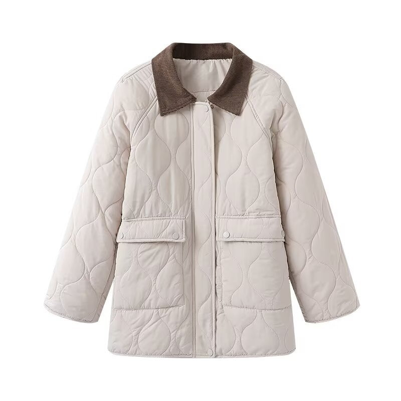 Ladies quilted jacket with cord collar, oversized boxy cut and snap front Chichicherry