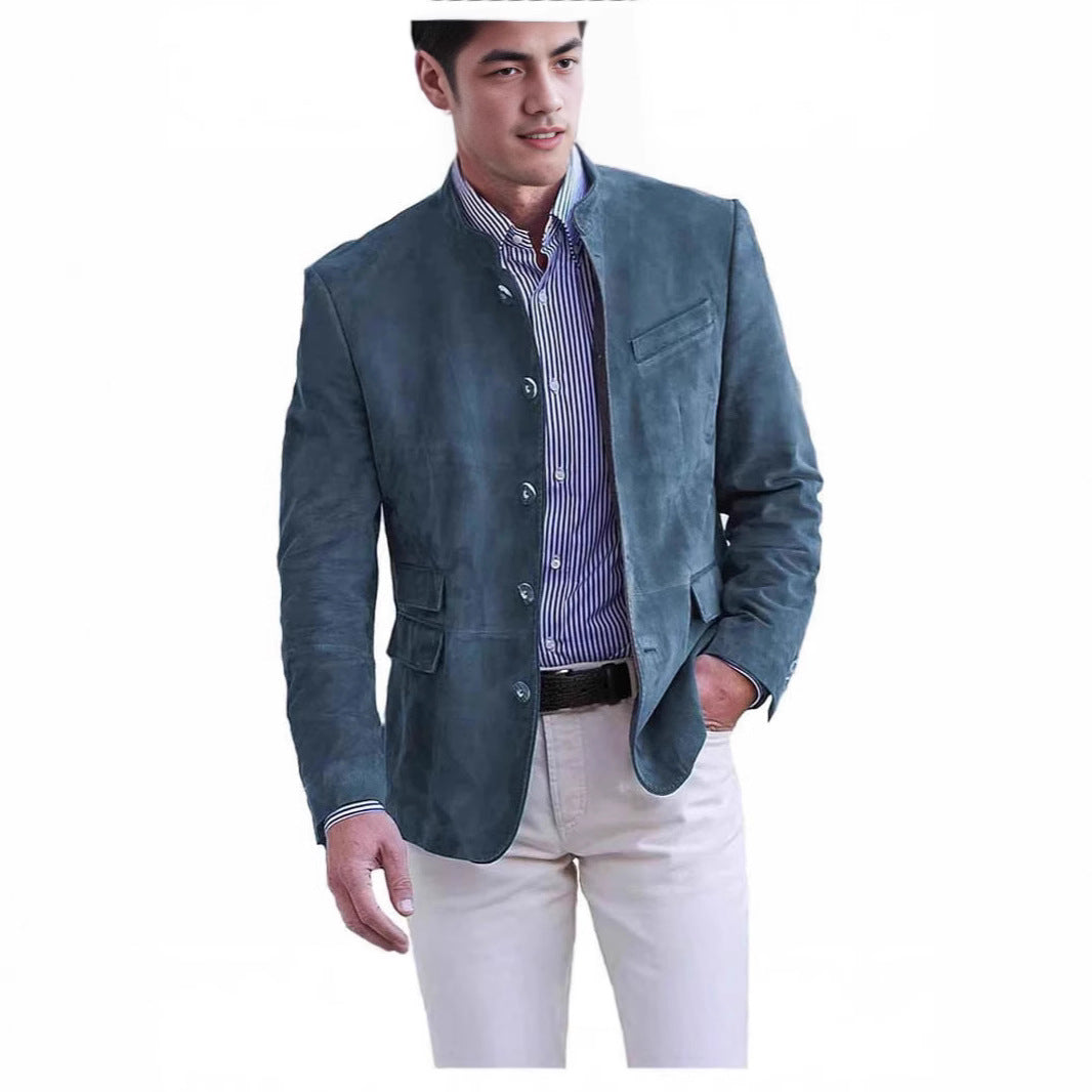 Men's Suede Blazer with Stand-up Collar and Flap Pockets Chichicherry